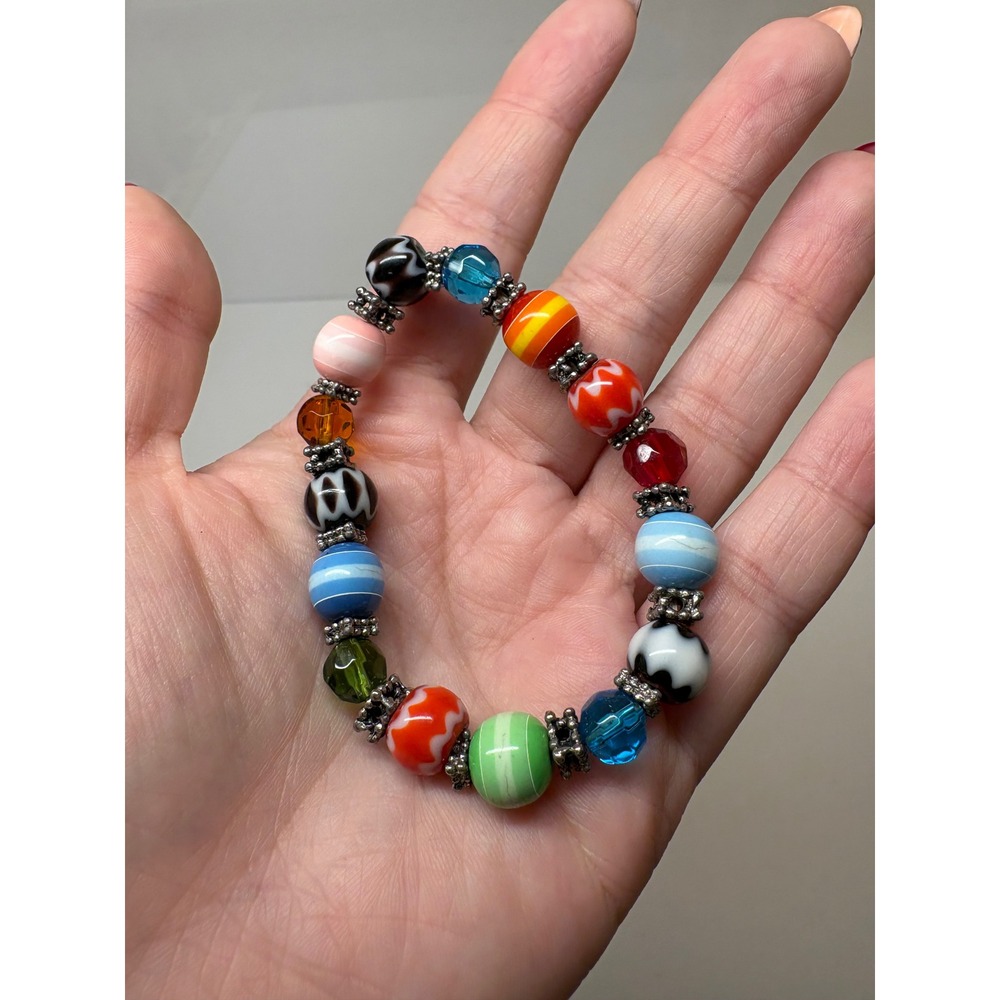 Multicolor Lampwork Glass Bead Stretch Bracelet Silver Tone Spacers